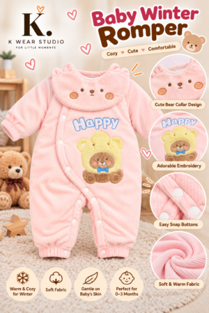 Baby Happy Bear Winter Romper – Pink