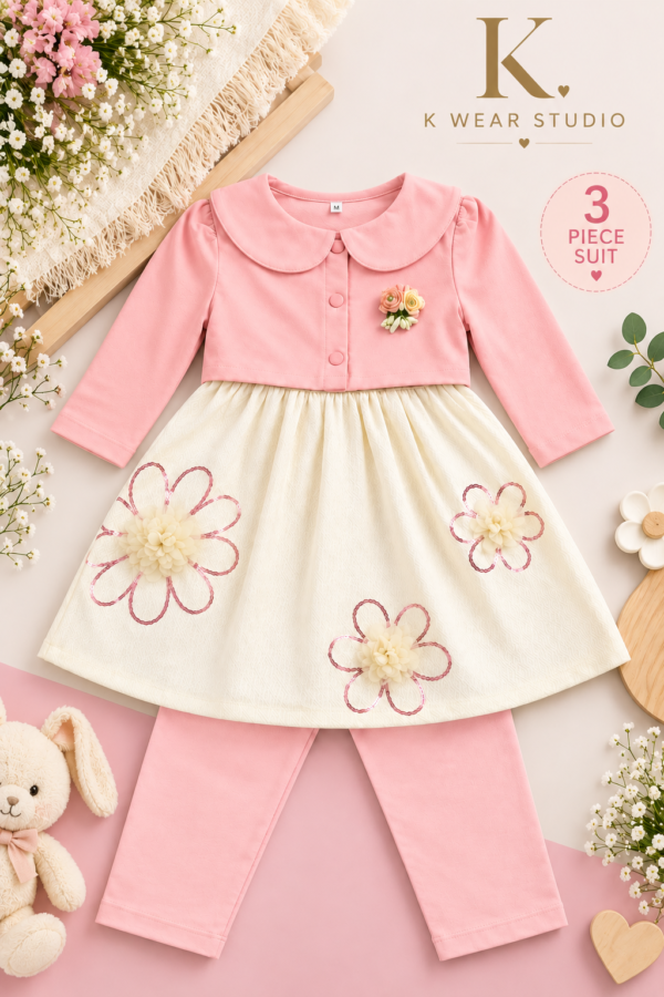 Girls 3-Piece Floral Dress Set with Cardigan & Trouser