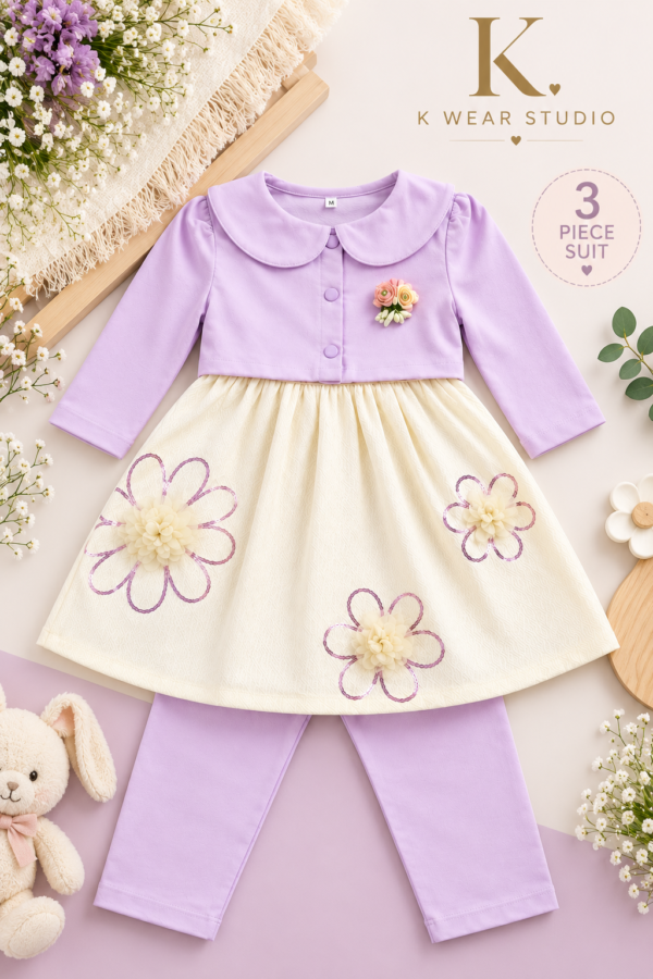 Main Purple Girls 3-Piece Floral Dress Set with Cardigan & Trouser