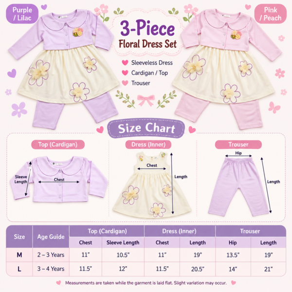Girls 3-Piece Floral Dress Set with Cardigan & Trouser