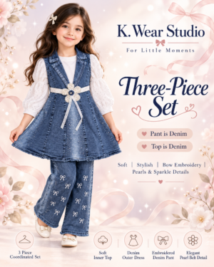 K Wear Studio Girls 3-Piece Denim Set with Pearl Flower Belt