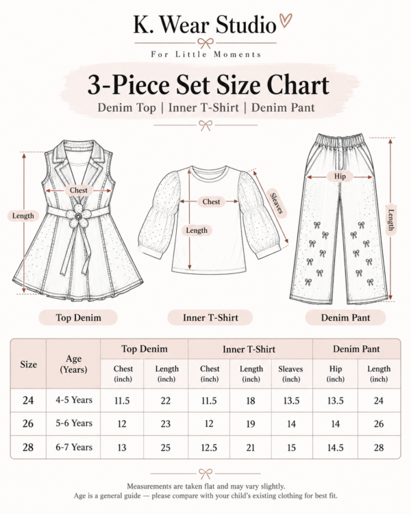 Size Chart K Wear Studio Girls 3-Piece Denim Set with Pearl Flower Belt